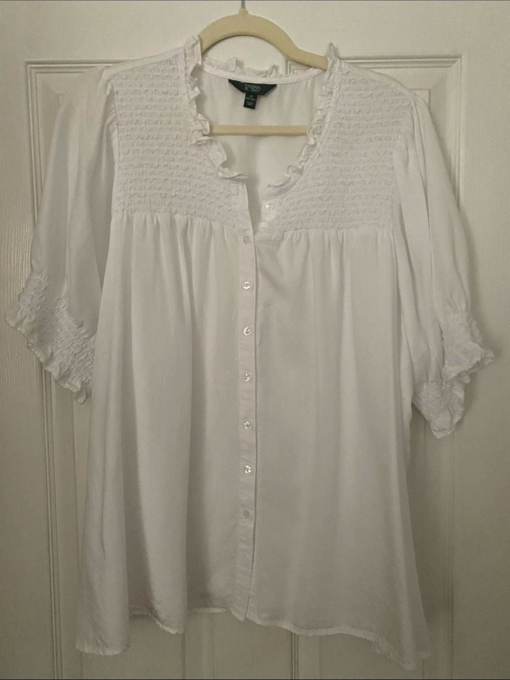 Terra & Sky White Smocked Ruffle Button Blouse
